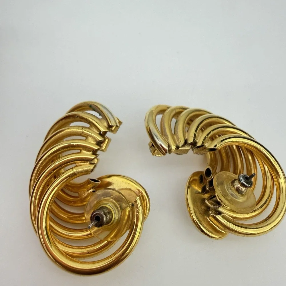 Vtg 80s Chunky Gold Tone Earrings Faux Pearl Pave Rhinestones Swirl  Statement